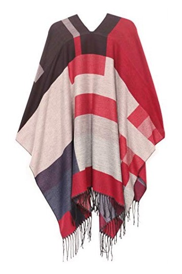 Sakkas 1927 - Cardigan Poncho Ouvert Devant réversible Avi pour Femme avec Cape Ruana et Franges - Rouge - OS