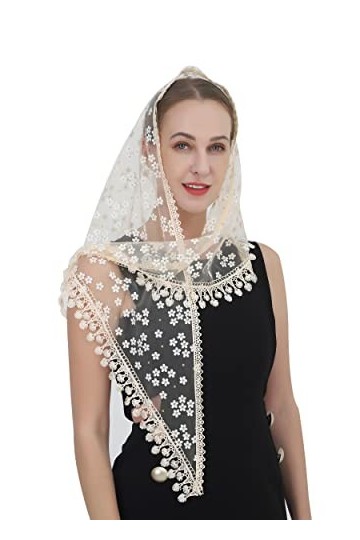 Voile dentelle Mantilla voile châle ou foulard latin Mass Head Cover avec dentelle à franges, Champagne2., Medium
