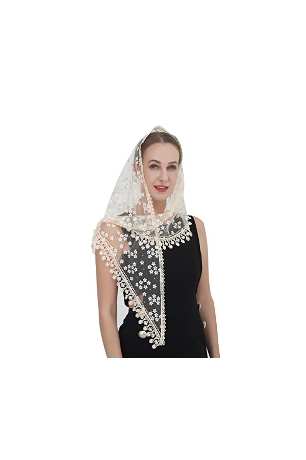 Voile dentelle Mantilla voile châle ou foulard latin Mass Head Cover avec dentelle à franges, Champagne2., Medium