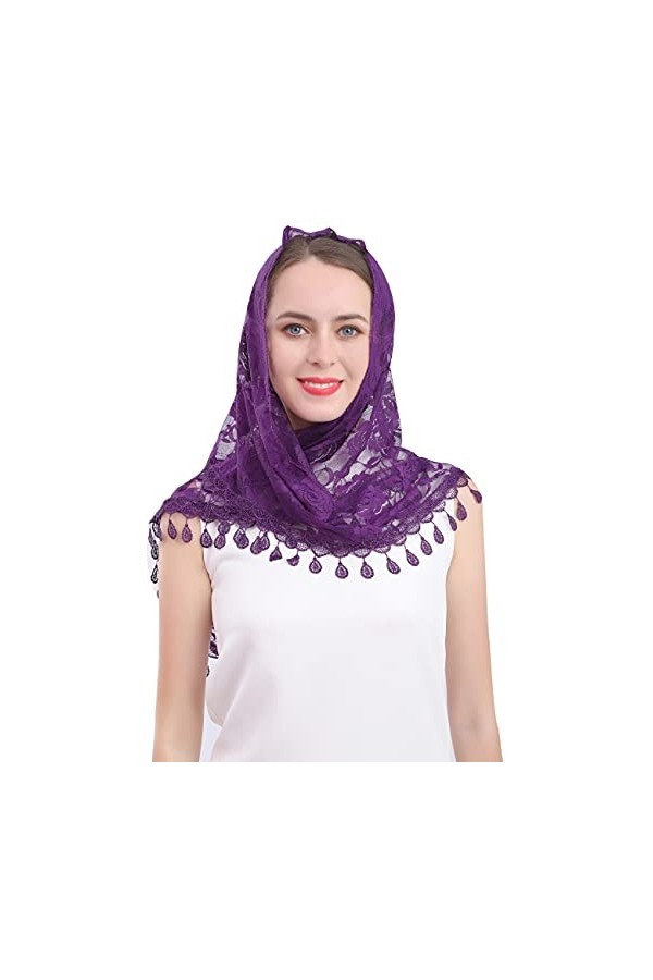 Voile dentelle Mantilla voile châle ou foulard latin Mass Head Cover avec dentelle à franges, Champagne2., Medium