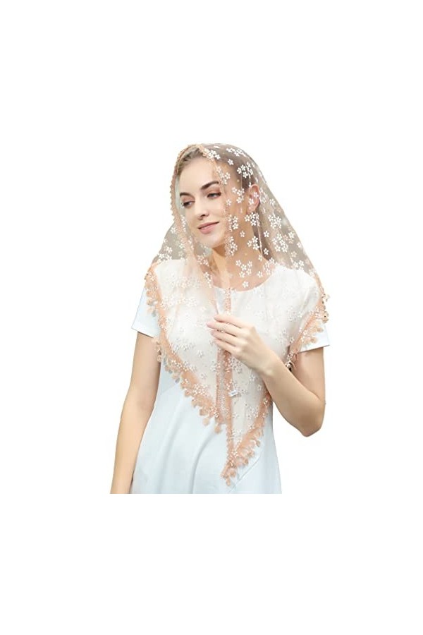 Voile dentelle Mantilla voile châle ou foulard latin Mass Head Cover avec dentelle à franges, Champagne2., Medium
