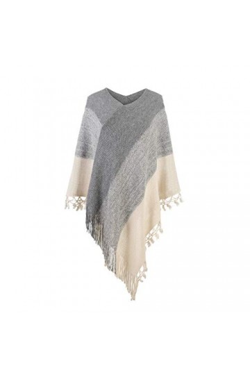 Femmes Poncho rayé avec pompons Tricoté Châle Écharpe Frangé Wrap Pull Cape - Beige - Taille unique