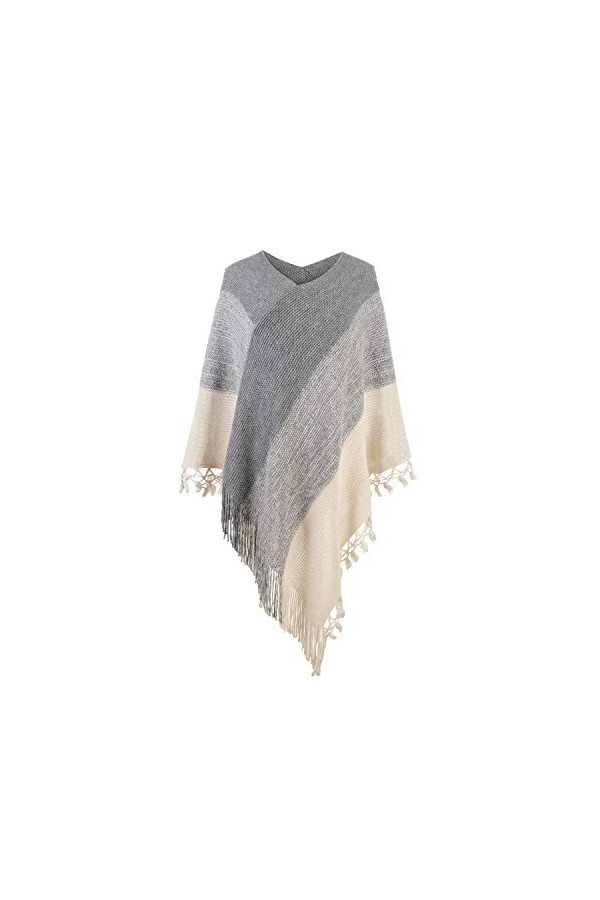 Femmes Poncho rayé avec pompons Tricoté Châle Écharpe Frangé Wrap Pull Cape - Beige - Taille unique