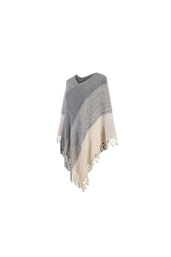 Femmes Poncho rayé avec pompons Tricoté Châle Écharpe Frangé Wrap Pull Cape - Beige - Taille unique