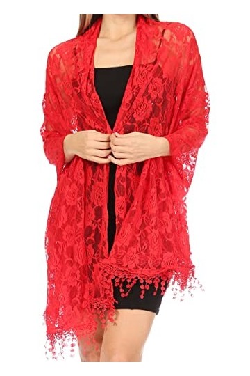 Sakkas 1929 - Grand foulard en dentelle douce et légère pour femme Mari, châle à fleurs et franges - RoseRed - OS