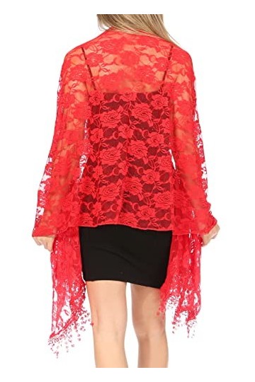 Sakkas 1929 - Grand foulard en dentelle douce et légère pour femme Mari, châle à fleurs et franges - RoseRed - OS