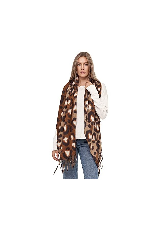 Glamexx24 Écharpe XXL pour femme - Motif léo chaud - 3 couleurs - Poncho à franges, Marron foncé, beige., taille unique