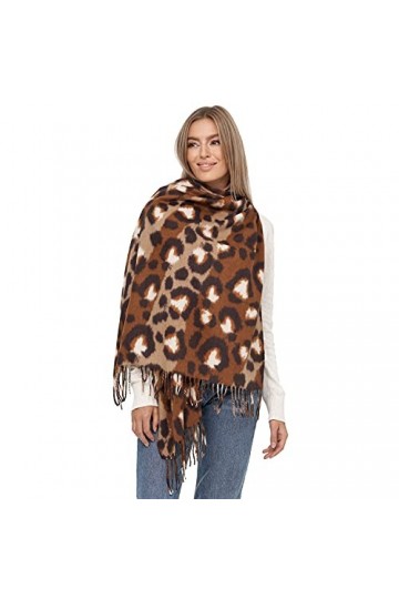 Glamexx24 Écharpe XXL pour femme - Motif léo chaud - 3 couleurs - Poncho à franges, Marron foncé, beige., taille unique