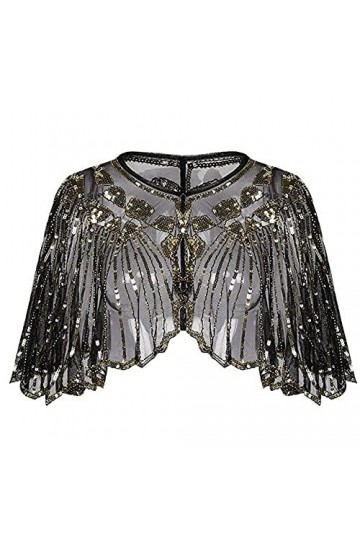 SPORTARC Vintage Boutique Châle rétro années 1920 avec perles et paillettes Noir + abricot