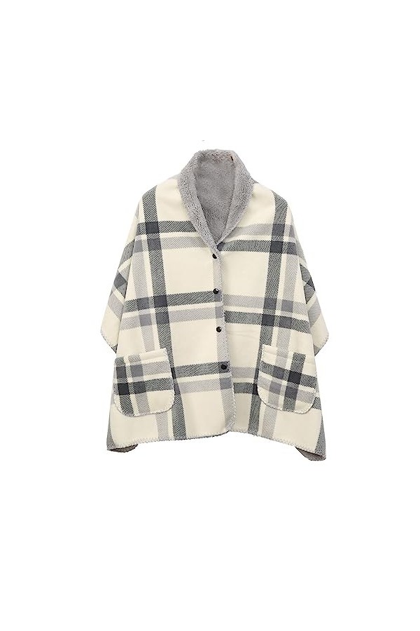 Ousyaah Femme Poncho Polaire Sweat Châle Cape Chaud dhiver avec Bouton et Poche, Portable Shawl Blanket Couverture Plaid à C