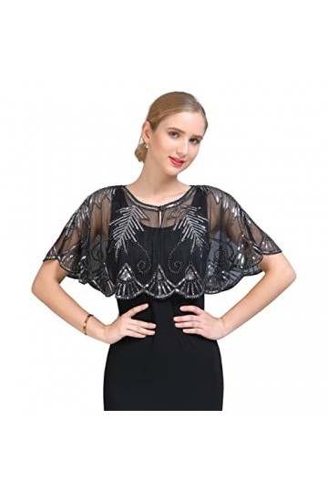 GIBZ Femme Sequin Châle et Wraps Élégant Soirée Cape Doux Cardigan 1920s Vintage Étole, Argent