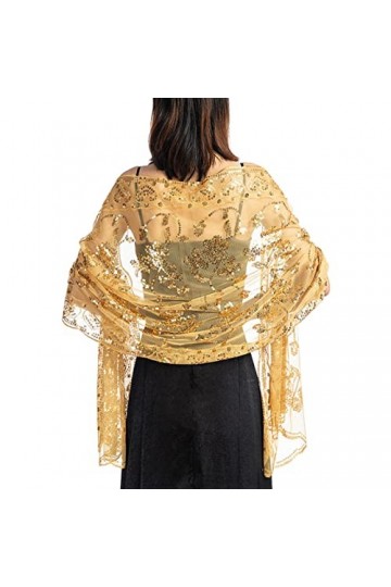 GIBZ Châle à Paillettes Brodé pour Femme Mince Vintage Floral Étole avec Paillettes pour Robes de Soirée de Mariage, Or