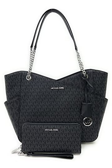 Michael Kors JST Grand sac à bandoulière en chaîne avec dragonne Michael Kors JST Continental signature marron , Black Signa