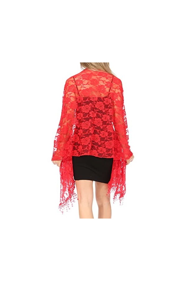 Sakkas 1929 - Grand foulard en dentelle douce et légère pour femme Mari, châle à fleurs et franges - RoseRed - OS