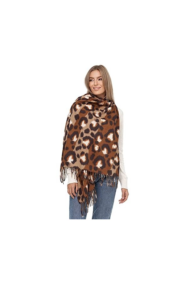 Glamexx24 Écharpe XXL pour femme - Motif léo chaud - 3 couleurs - Poncho à franges, Marron foncé, beige., taille unique