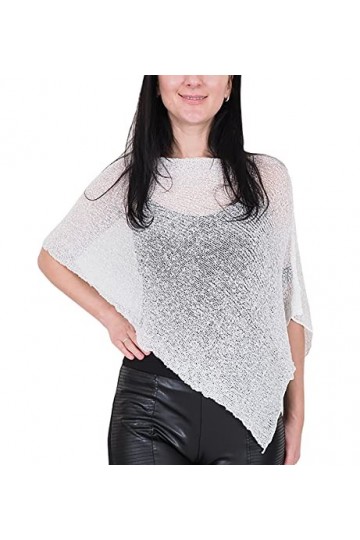 Mimosa Femme Poncho Petit en Dentelle Extensible Resille Crochet Chauve-Souris Aile Taille Unique, Ivory-Silver 
