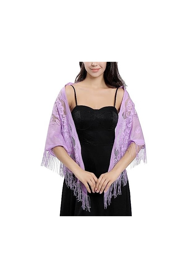 Ladiery Châles et écharpes triangulaires en dentelle pour robes de soirée avec pompons pour soirée châles de mariage en maill