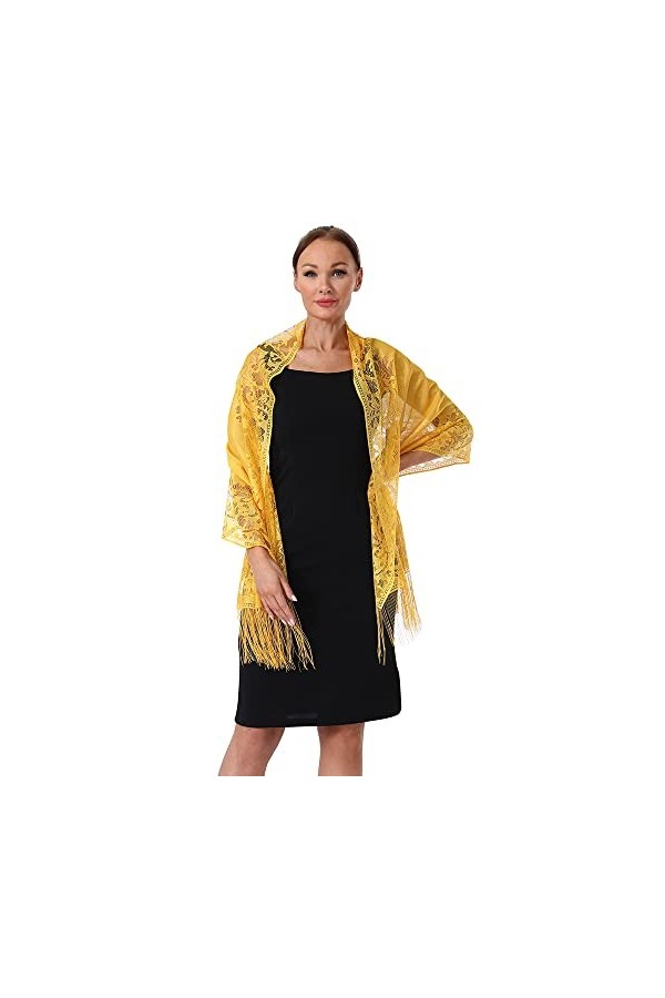 Wocharm Écharpe pour femme en dentelle florale à franges pour mariage, soirée, châle chaud noir et blanc, jaune