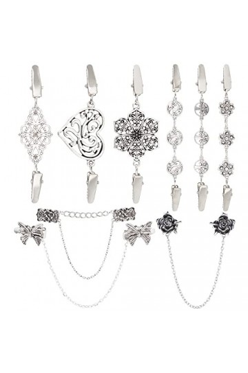 GORGECRAFT 9 Pcs 9 Styles Robes Châle Clips Antique Argent Chandail Châle Clip Vintage Creux Filigrane Fleur Rose Broches Ron