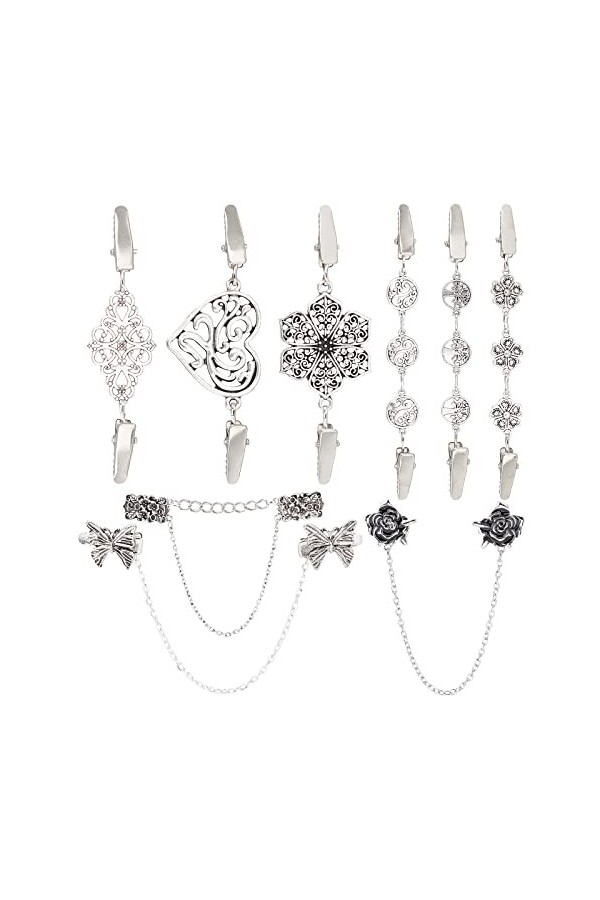 GORGECRAFT 9 Pcs 9 Styles Robes Châle Clips Antique Argent Chandail Châle Clip Vintage Creux Filigrane Fleur Rose Broches Ron