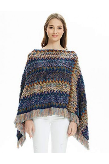 Ferand - Elégant Pull Poncho Boho Mexicain À Rayures Multicolores - Femme - Taille Unique Convient Mieux S - L - Bleu Marin