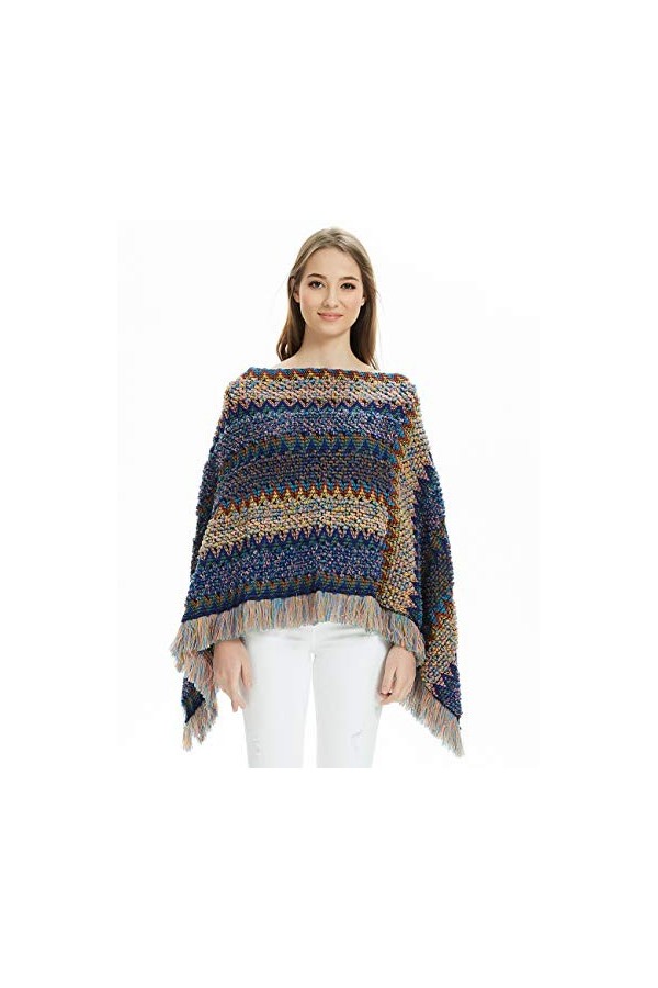 Ferand - Elégant Pull Poncho Boho Mexicain À Rayures Multicolores - Femme - Taille Unique Convient Mieux S - L - Bleu Marin