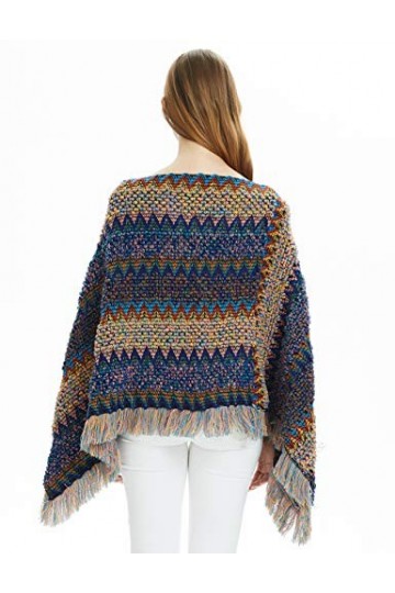 Ferand - Elégant Pull Poncho Boho Mexicain À Rayures Multicolores - Femme - Taille Unique Convient Mieux S - L - Bleu Marin