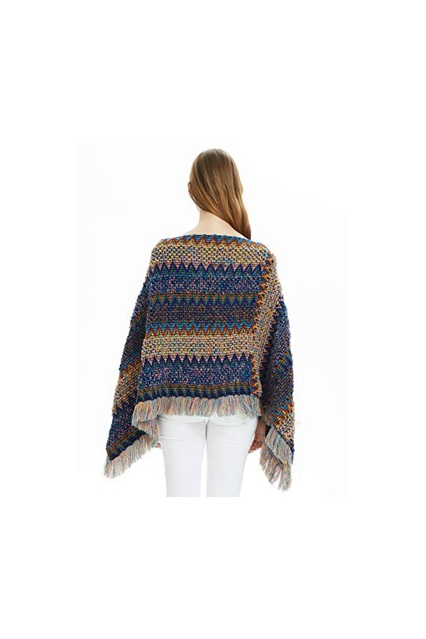 Ferand - Elégant Pull Poncho Boho Mexicain À Rayures Multicolores - Femme - Taille Unique Convient Mieux S - L - Bleu Marin