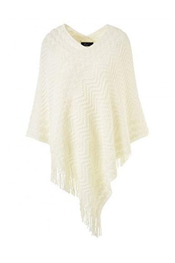 Ferand Élégant Pull Poncho Cape Femme Tricot avec Rayures en Chevron et Franges - Taille Unique - Blanc