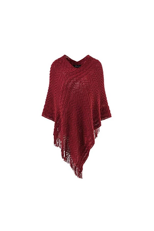 Ferand Élégant Pull Poncho Cape Femme Tricot avec Rayures en Chevron et Franges - Taille Unique - Blanc