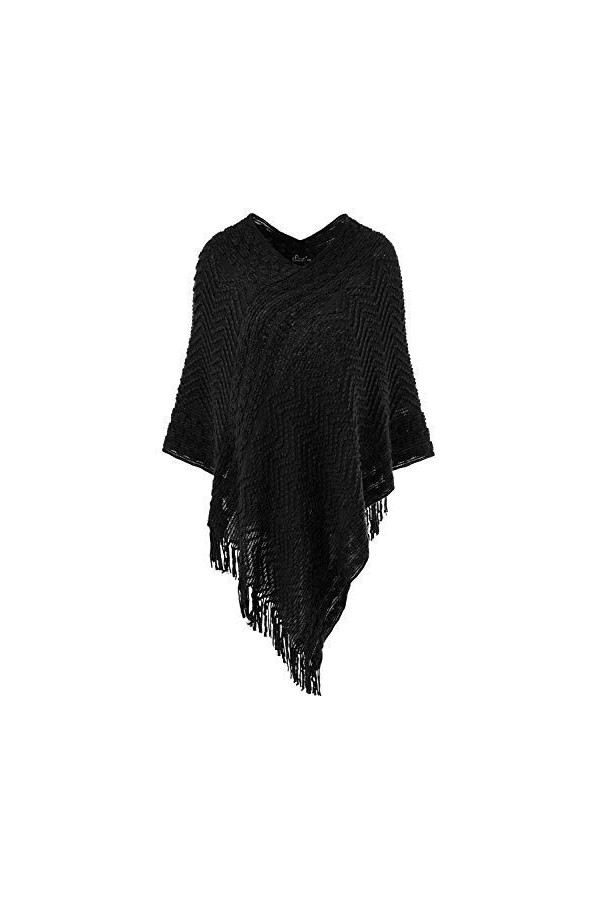 Ferand Élégant Pull Poncho Cape Femme Tricot avec Rayures en Chevron et Franges - Taille Unique - Blanc