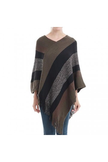 CARCOS Femmes Poncho Chic Châle Rayée et Côtés à Franges Cape Douce Tricot Laine Filature Pashmina Multi-Voies Automne Hiver