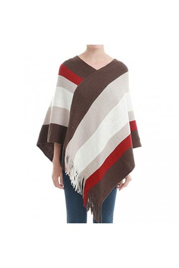 CARCOS Femmes Poncho Chic Châle Rayée et Côtés à Franges Cape Douce Tricot Laine Filature Pashmina Multi-Voies Automne Hiver