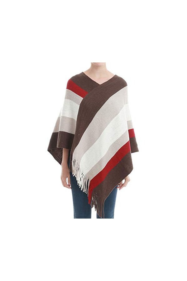 CARCOS Femmes Poncho Chic Châle Rayée et Côtés à Franges Cape Douce Tricot Laine Filature Pashmina Multi-Voies Automne Hiver