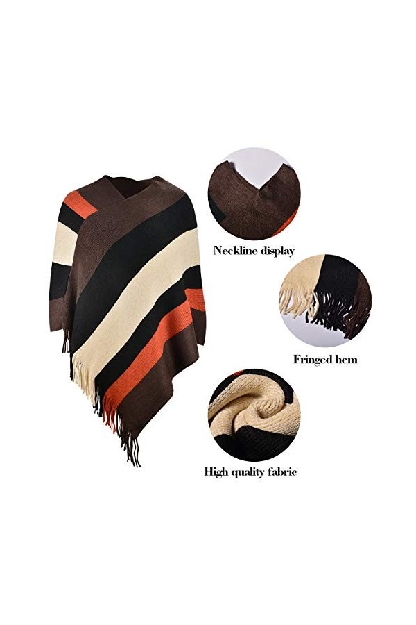 CARCOS Femmes Poncho Chic Châle Rayée et Côtés à Franges Cape Douce Tricot Laine Filature Pashmina Multi-Voies Automne Hiver