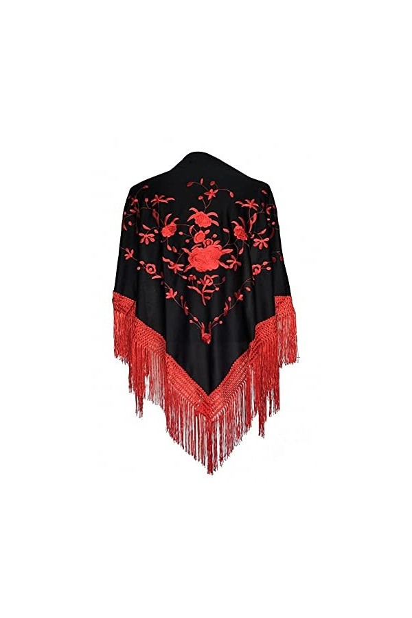 AMINA Châle à bec moyen triangulaire flamenco ou sévillanas 150X70cm Noir brodé rouge, Noir , 170X70cm