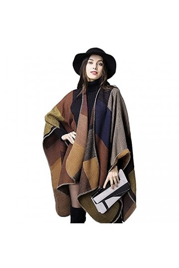 MEIWO Femmes Hiver Réversible Taille Libre Couverture Poncho Cape Plaid Motif Wrap Châle Rayé Cardigans Khaki 