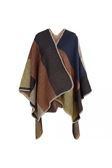 MEIWO Femmes Hiver Réversible Taille Libre Couverture Poncho Cape Plaid Motif Wrap Châle Rayé Cardigans Khaki 