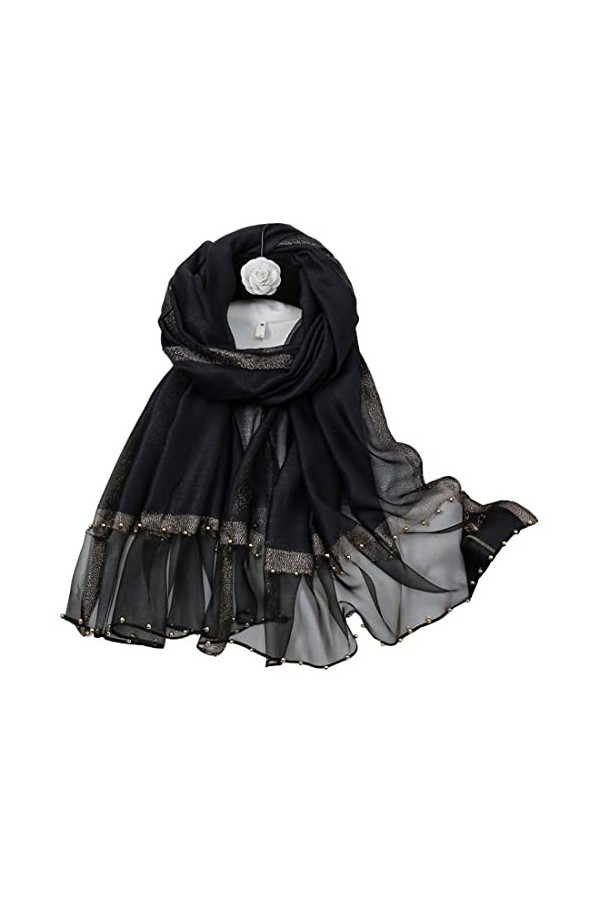 Laura in - Écharpe Châle en soie satin décoré de perle dorée, Étoles, écharpes élégantes pour femme, Noir , Taille Unique