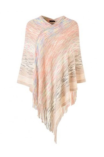 Poncho Multicolore Femme Elegant Châle Polyvalent avec Franges - Taille unique - Beige