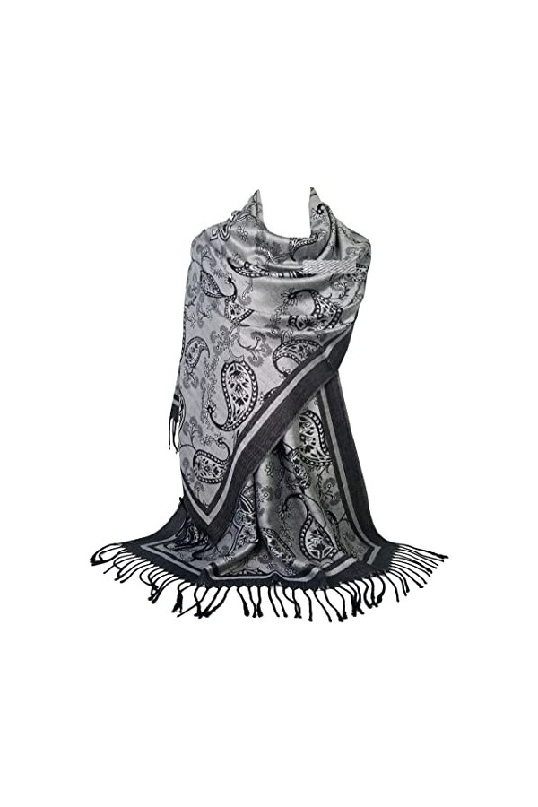 GFM® Écharpe châle style pashmina en plumes cachemire floral FRL4 , S1-2056-CH-Silver Paisley, L