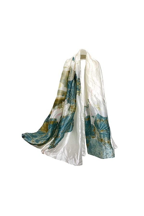 ehsbuy Foulard en soie imprimé floral pour femme - Écharpe douce et élégante en satin pour femme - Châle fin en mousseline de