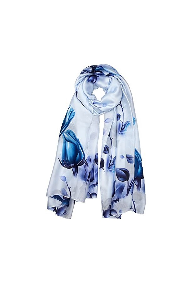 ehsbuy Foulard en soie imprimé floral pour femme - Écharpe douce et élégante en satin pour femme - Châle fin en mousseline de