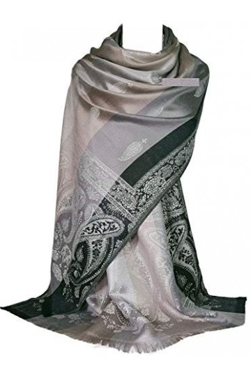 GFM® Écharpe châle style pashmina en plumes cachemire floral FRL4 , S1-2056-CH-Silver Paisley, L