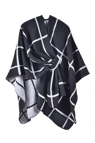 NLAND Poncho Châle Femme Chaud Grande Écharpe Hiver Élégante Poncho Cape à Ouverture Tartan Style Douce Châle Noir 