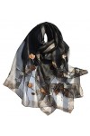 AIEOE Femme Foulard en Soie Brodé Floral Grande Echarpe Respirante Elégante Châle Long Ultra-Léger Noir