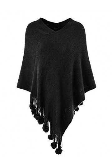 Ferand Elégant Pull Cape Poncho Femme Tricot avec Franges à Pompons - Taille Unique - Noir