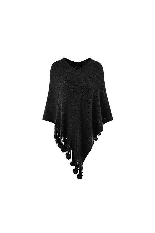 Ferand Elégant Pull Cape Poncho Femme Tricot avec Franges à Pompons - Taille Unique - Noir