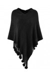Ferand Elégant Pull Cape Poncho Femme Tricot avec Franges à Pompons - Taille Unique - Noir
