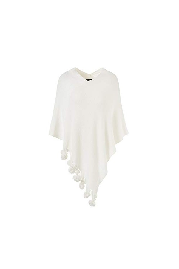 Ferand Elégant Pull Cape Poncho Femme Tricot avec Franges à Pompons - Taille Unique - Noir